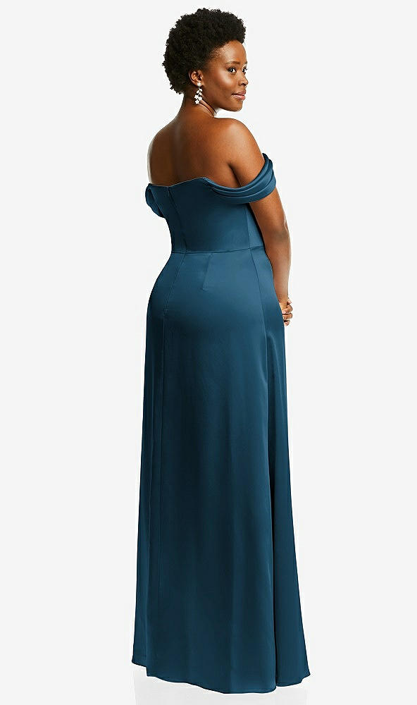 Back View - Atlantic Blue Draped Pleat Off-the-Shoulder Maxi Dress
