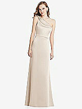 Front View Thumbnail - Oat Shirred One-Shoulder Satin Trumpet Dress - Maddie