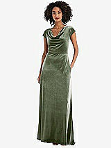 Front View Thumbnail - Sage Cowl-Neck Cap Sleeve Velvet Maxi Dress with Pockets
