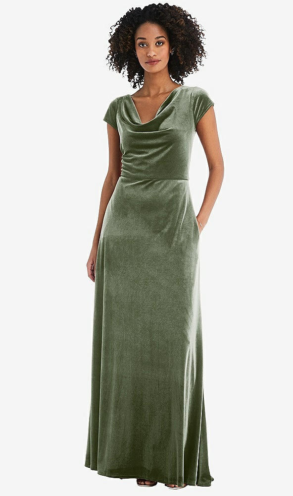 Front View - Sage Cowl-Neck Cap Sleeve Velvet Maxi Dress with Pockets