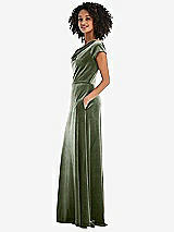 Side View Thumbnail - Sage Cowl-Neck Cap Sleeve Velvet Maxi Dress with Pockets