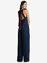 Front View Thumbnail - Midnight Navy & Cabernet Cutout Open-Back Halter Jumpsuit with Scarf Tie