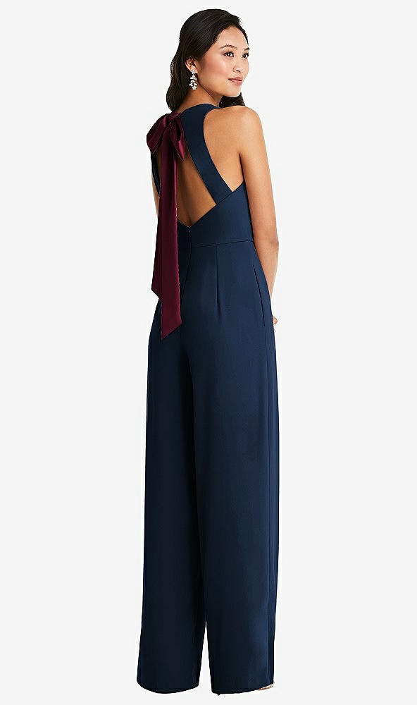 Front View - Midnight Navy & Cabernet Cutout Open-Back Halter Jumpsuit with Scarf Tie