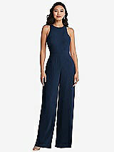 Rear View Thumbnail - Midnight Navy & Cabernet Cutout Open-Back Halter Jumpsuit with Scarf Tie