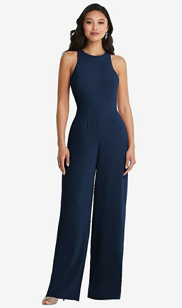 Back View - Midnight Navy & Cabernet Cutout Open-Back Halter Jumpsuit with Scarf Tie