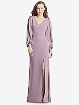 Alt View 1 Thumbnail - Suede Rose Long Puff Sleeve V-Neck Trumpet Gown