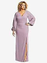Front View Thumbnail - Suede Rose Long Puff Sleeve V-Neck Trumpet Gown