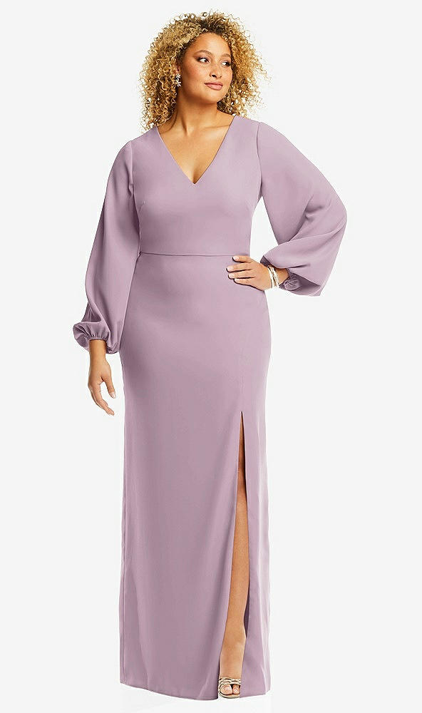 Front View - Suede Rose Long Puff Sleeve V-Neck Trumpet Gown