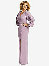 Side View Thumbnail - Suede Rose Long Puff Sleeve V-Neck Trumpet Gown