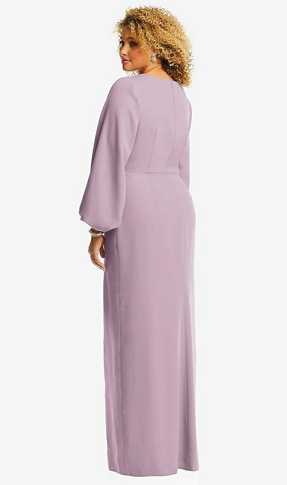 Back View - Suede Rose Long Puff Sleeve V-Neck Trumpet Gown