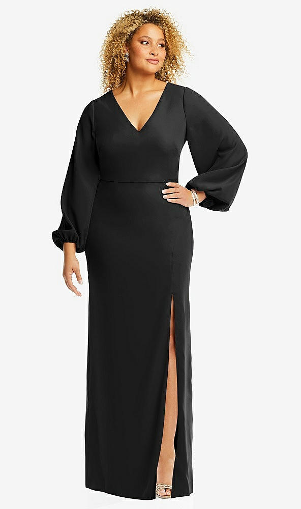Front View - Black Long Puff Sleeve V-Neck Trumpet Gown