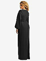 Rear View Thumbnail - Black Long Puff Sleeve V-Neck Trumpet Gown