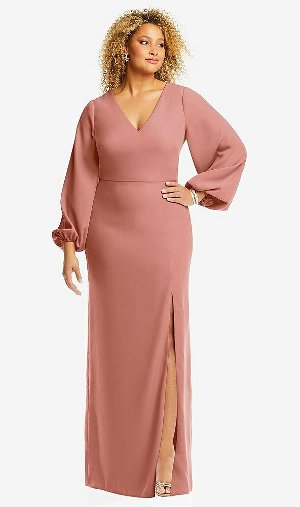 Front View - Desert Rose Long Puff Sleeve V-Neck Trumpet Gown