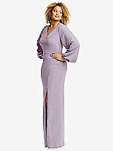 Side View Thumbnail - Lilac Haze Long Puff Sleeve V-Neck Trumpet Gown