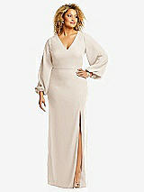 Front View Thumbnail - Oat Long Puff Sleeve V-Neck Trumpet Gown