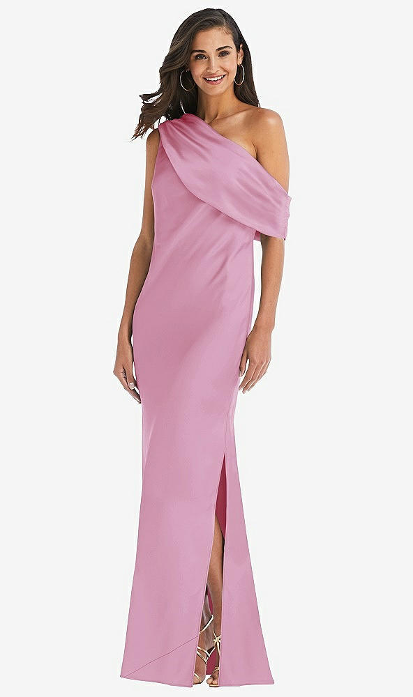 Front View - Powder Pink Draped One-Shoulder Convertible Maxi Slip Dress