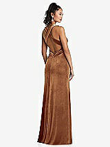 Rear View Thumbnail - Golden Almond Plunging Neckline Velvet Maxi Dress with Criss Cross Open-Back