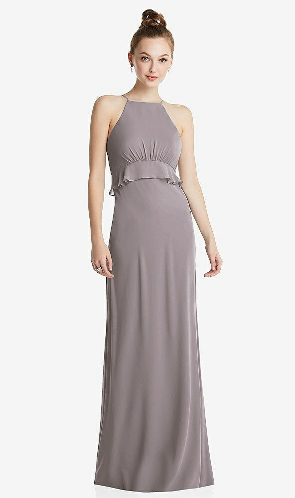 Front View - Cashmere Gray Bias Ruffle Empire Waist Halter Maxi Dress with Adjustable Straps