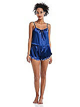 Front View Thumbnail - Sapphire Satin Ruffle-Trimmed Lounge Shorts with Pockets - Cali