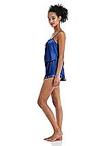 Side View Thumbnail - Sapphire Satin Ruffle-Trimmed Lounge Shorts with Pockets - Cali