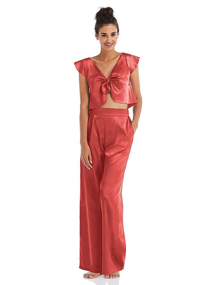 Front View - Perfect Coral Satin Wide-Leg Lounge Pants with Pockets - Ray