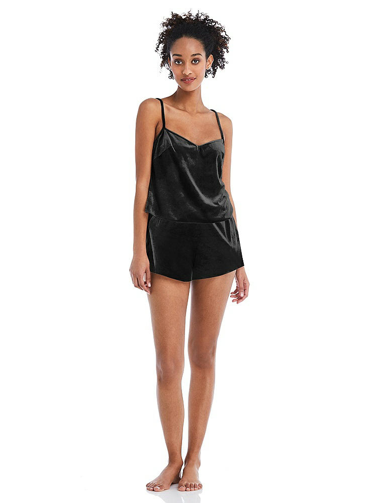 Front View - Black Velvet Lounge Shorts with Pockets - Tessa
