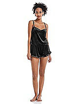 Front View Thumbnail - Black Velvet Ruffle-Trimmed Lounge Shorts with Pockets - Willa