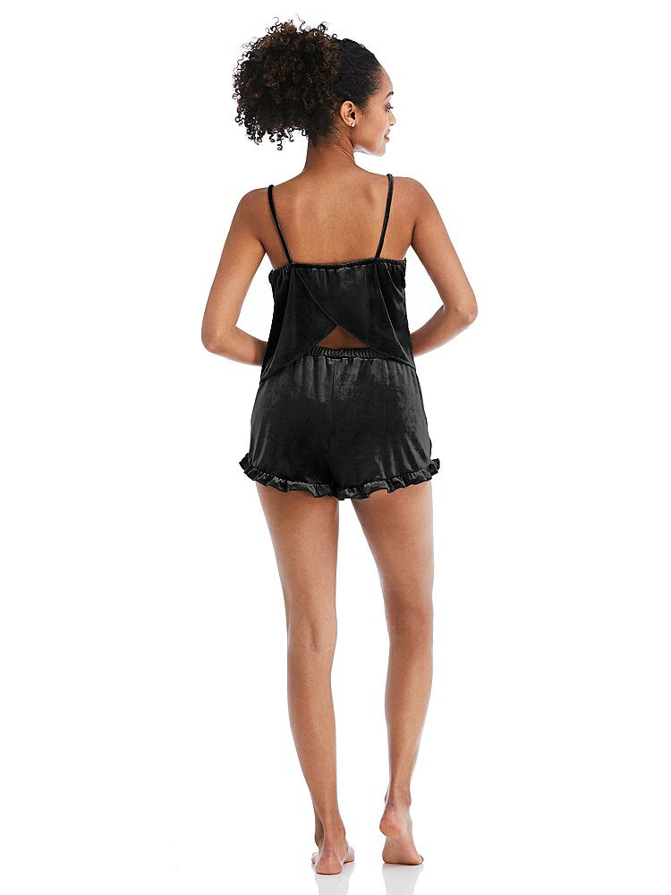 Back View - Black Velvet Ruffle-Trimmed Lounge Shorts with Pockets - Willa