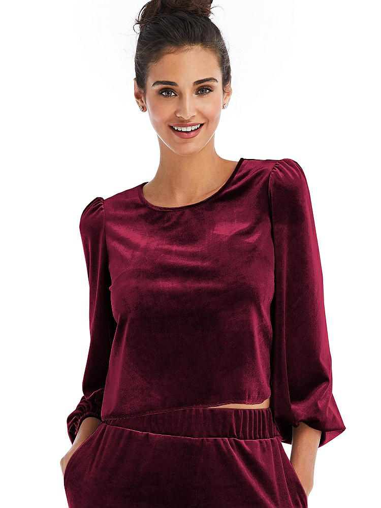 Front View - Cabernet Velvet Pullover Puff Sleeve Top - Rue