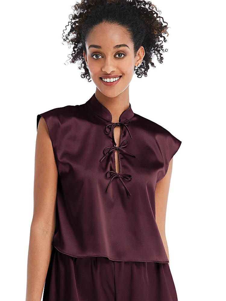 Front View - Bordeaux Satin Stand Collar Tie-Front Pullover Top - Remi