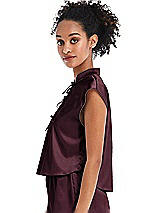Side View Thumbnail - Bordeaux Satin Stand Collar Tie-Front Pullover Top - Remi
