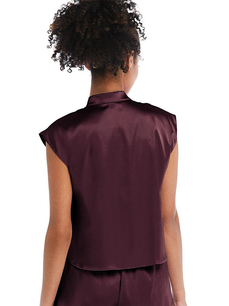 Back View - Bordeaux Satin Stand Collar Tie-Front Pullover Top - Remi