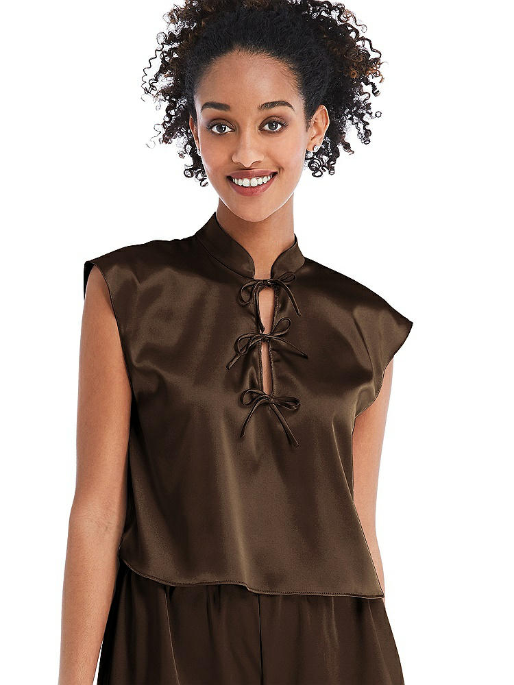 Front View - Espresso Satin Stand Collar Tie-Front Pullover Top - Remi