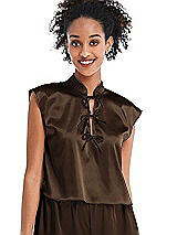 Front View Thumbnail - Espresso Satin Stand Collar Tie-Front Pullover Top - Remi