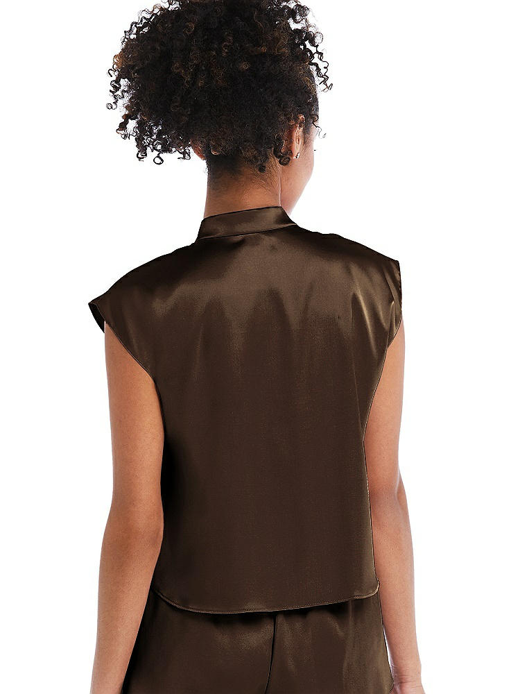 Back View - Espresso Satin Stand Collar Tie-Front Pullover Top - Remi