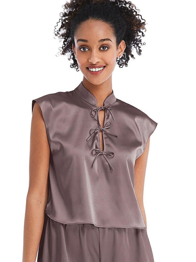 Front View - French Truffle Satin Stand Collar Tie-Front Pullover Top - Remi