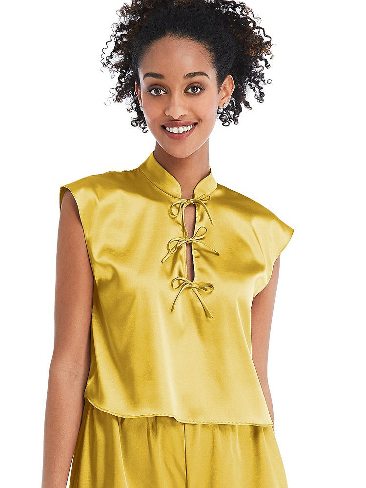 Front View - Marigold Satin Stand Collar Tie-Front Pullover Top - Remi