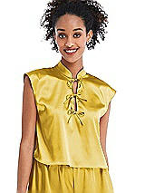 Front View Thumbnail - Marigold Satin Stand Collar Tie-Front Pullover Top - Remi