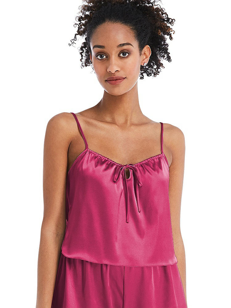 Front View - Shocking Drawstring Neck Satin Cami with Bow Detail - Nyla
