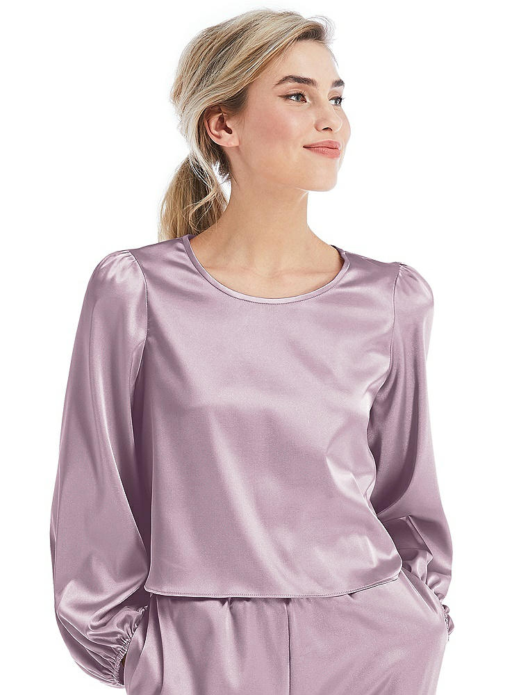 Front View - Suede Rose Satin Pullover Puff Sleeve Top - Parker