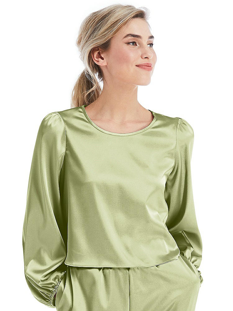 Front View - Mint Satin Pullover Puff Sleeve Top - Parker