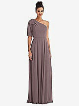 Front View Thumbnail - French Truffle Bow One-Shoulder Flounce Sleeve Maxi Dress
