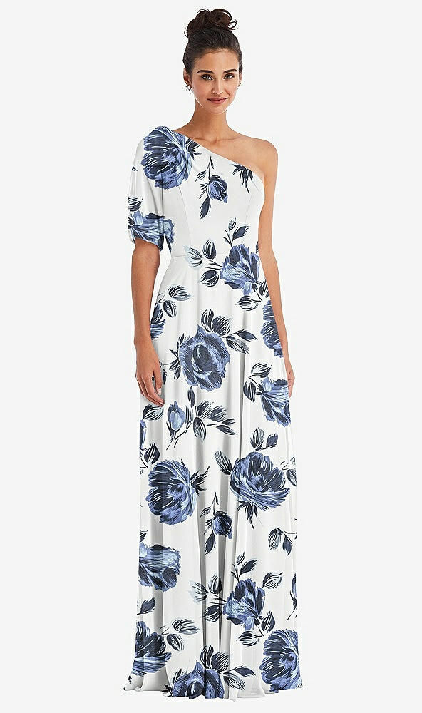 Front View - Indigo Rose Bow One-Shoulder Flounce Sleeve Maxi Dress