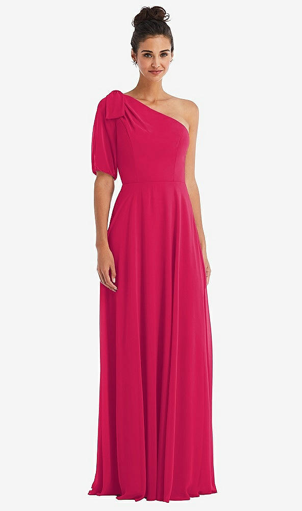 Front View - Vivid Pink Bow One-Shoulder Flounce Sleeve Maxi Dress
