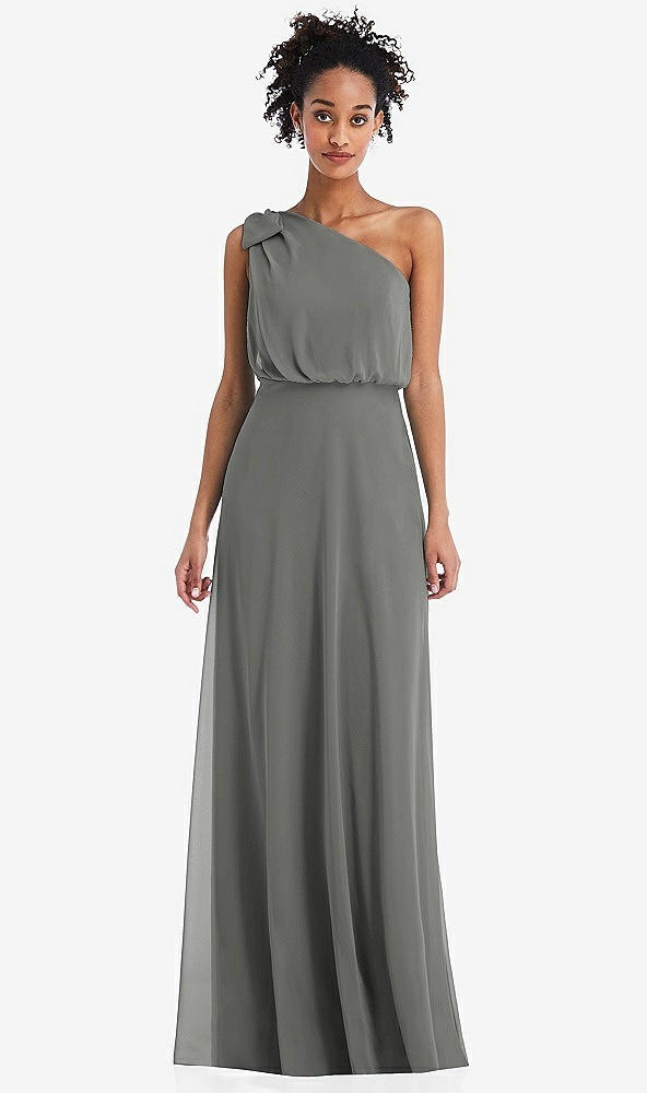 Front View - Charcoal Gray One-Shoulder Bow Blouson Bodice Maxi Dress
