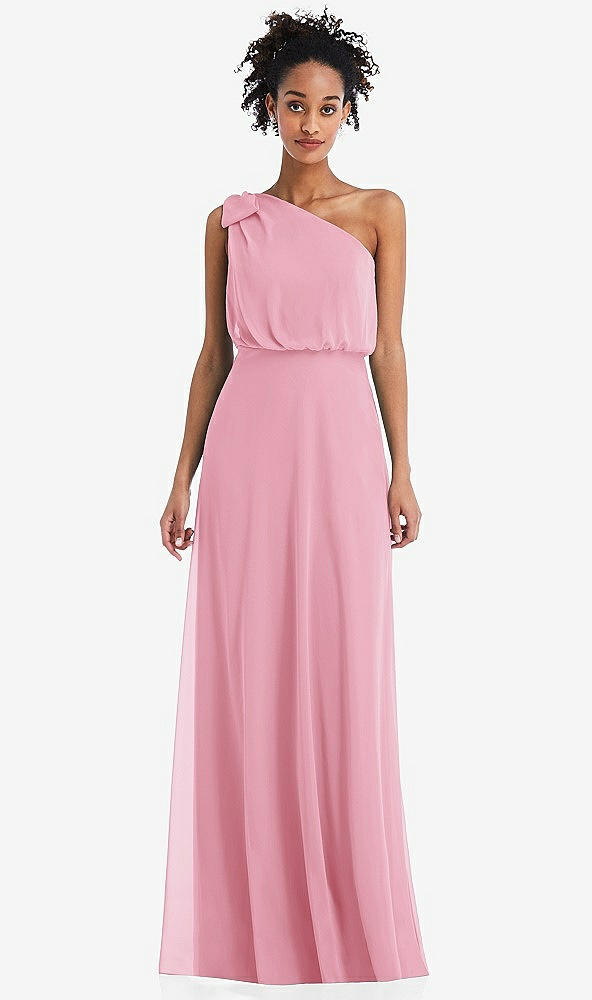 Front View - Peony Pink One-Shoulder Bow Blouson Bodice Maxi Dress