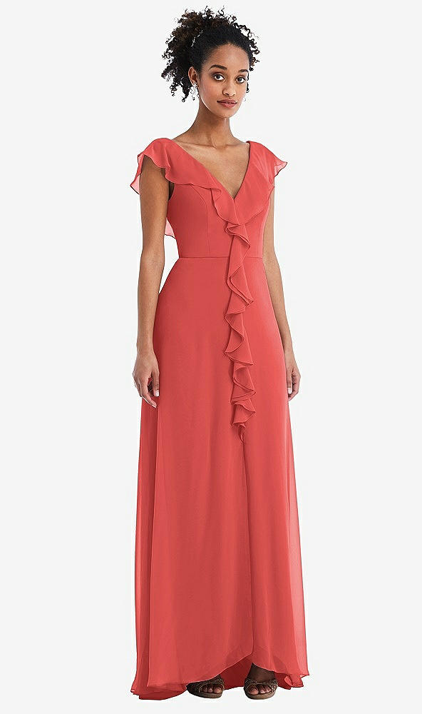 Front View - Perfect Coral Ruffle-Trimmed V-Back Chiffon Maxi Dress
