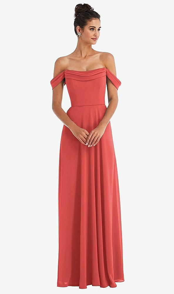Front View - Perfect Coral Off-the-Shoulder Draped Neckline Maxi Dress