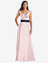 Front View Thumbnail - Ballet Pink & Midnight Navy Off-the-Shoulder Draped Wrap Satin Maxi Dress