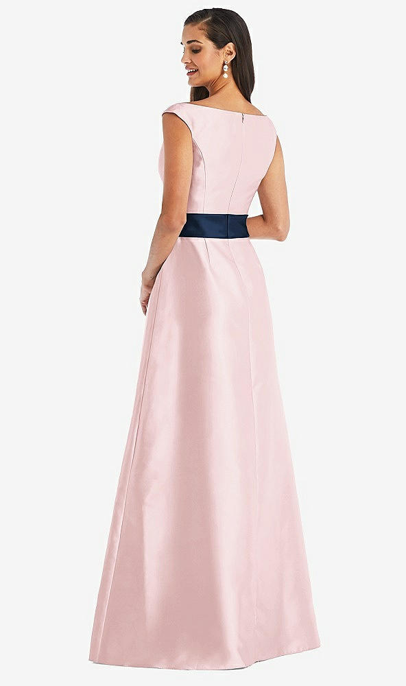 Back View - Ballet Pink & Midnight Navy Off-the-Shoulder Draped Wrap Satin Maxi Dress
